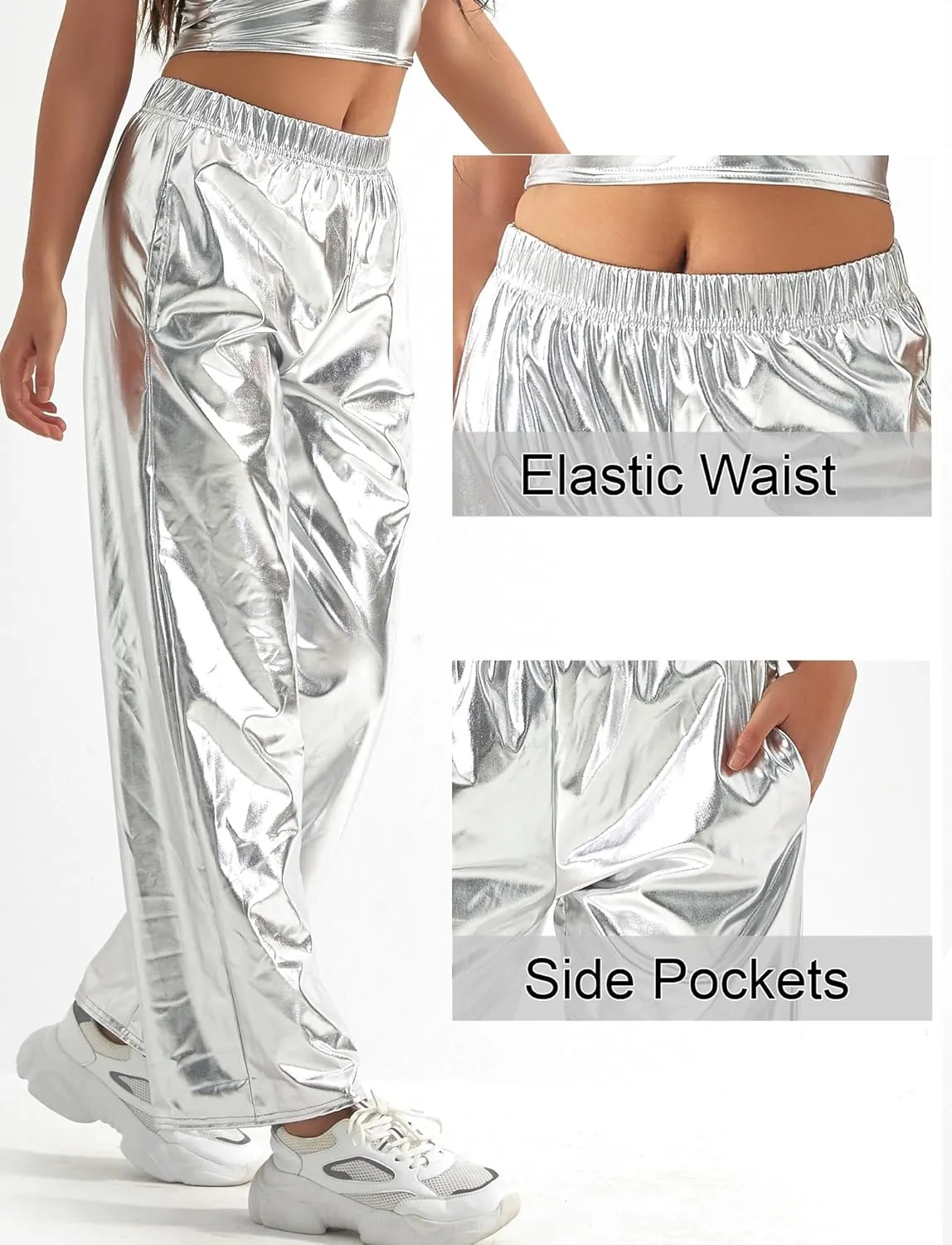 FEOYA Women's Shiny Metallic Rave Pants Elastic High Waist Wide Leg Trousers Hip Hop Disco Jogger Sweatpants Clubwear