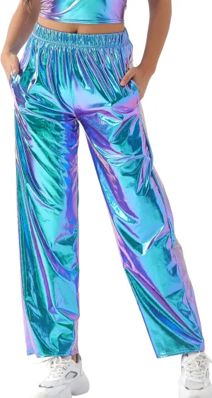 FEOYA Women's Shiny Metallic Rave Pants Elastic High Waist Wide Leg Trousers Hip Hop Disco Jogger Sweatpants Clubwear