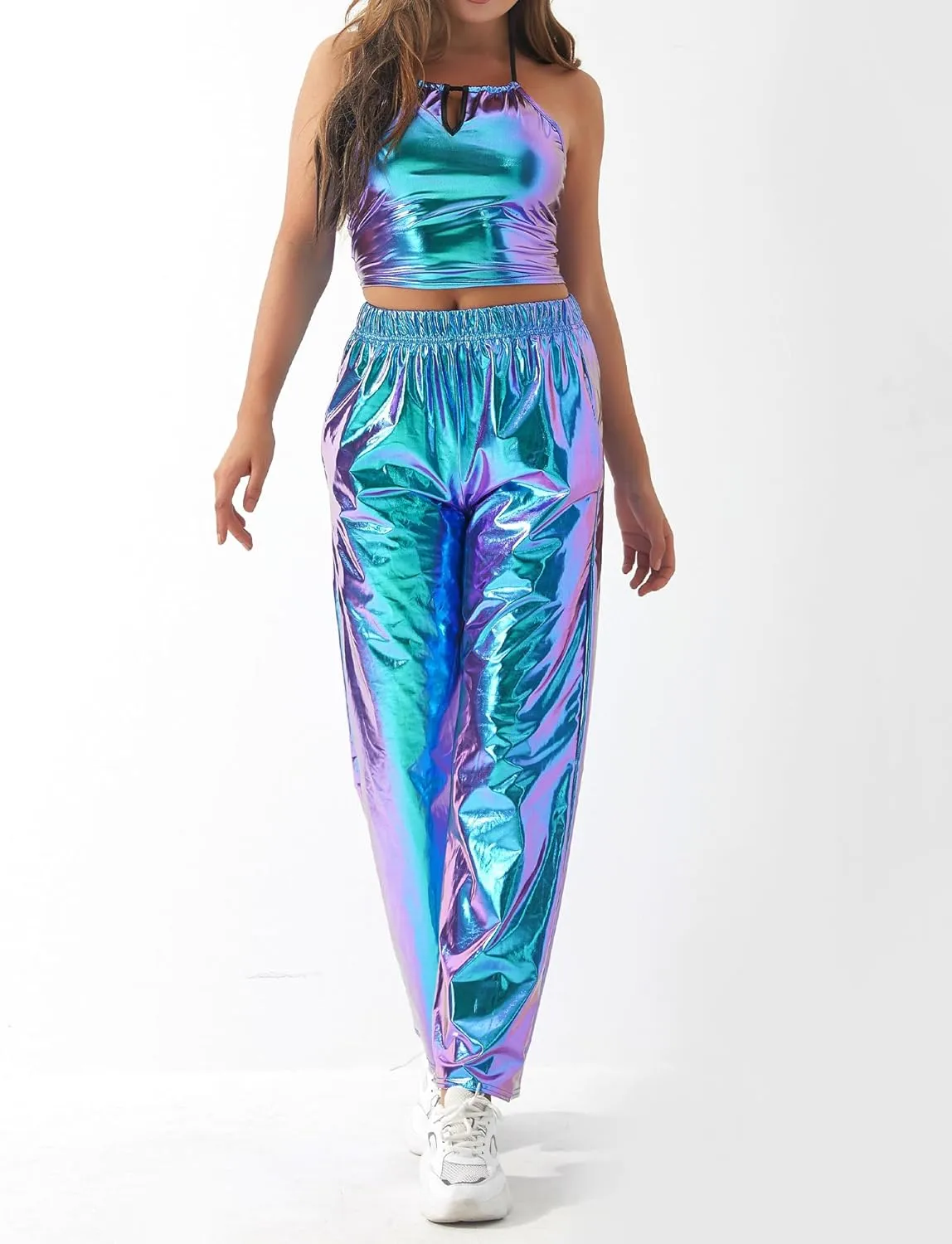 FEOYA Women's Shiny Metallic Rave Pants Elastic High Waist Wide Leg Trousers Hip Hop Disco Jogger Sweatpants Clubwear