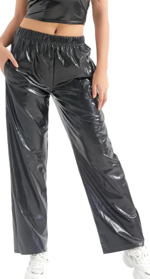 FEOYA Women's Shiny Metallic Rave Pants Elastic High Waist Wide Leg Trousers Hip Hop Disco Jogger Sweatpants Clubwear