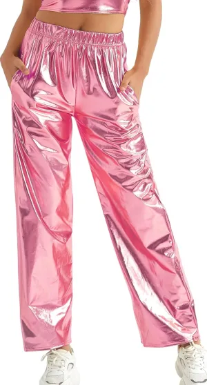FEOYA Women's Shiny Metallic Rave Pants Elastic High Waist Wide Leg Trousers Hip Hop Disco Jogger Sweatpants Clubwear