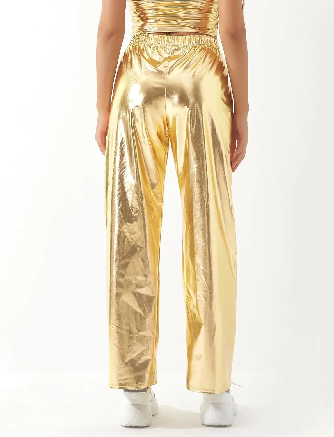 FEOYA Women's Shiny Metallic Rave Pants Elastic High Waist Wide Leg Trousers Hip Hop Disco Jogger Sweatpants Clubwear