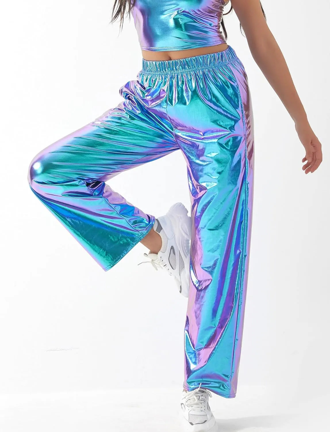 FEOYA Women's Shiny Metallic Rave Pants Elastic High Waist Wide Leg Trousers Hip Hop Disco Jogger Sweatpants Clubwear