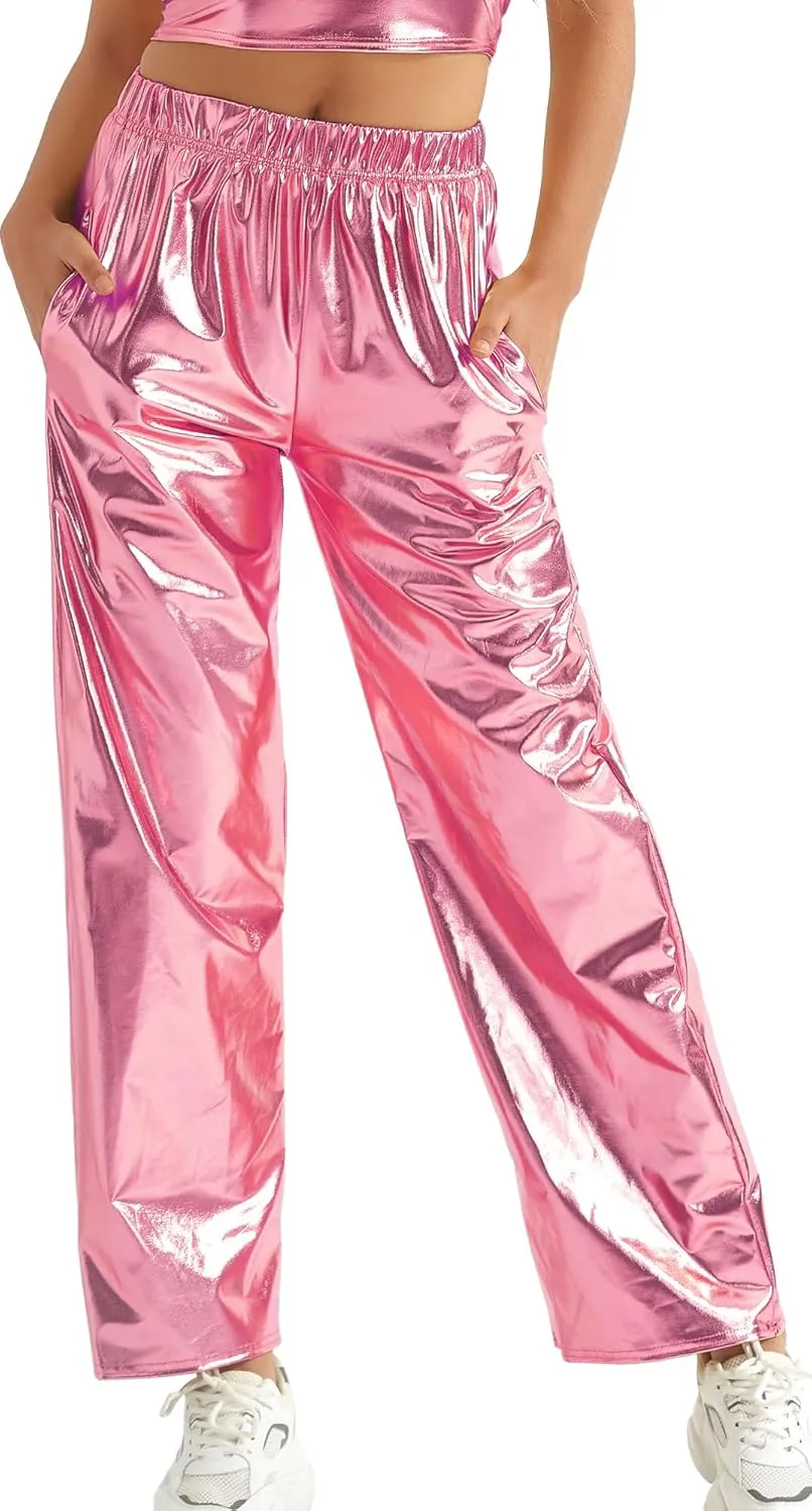 FEOYA Women's Shiny Metallic Rave Pants Elastic High Waist Wide Leg Trousers Hip Hop Disco Jogger Sweatpants Clubwear