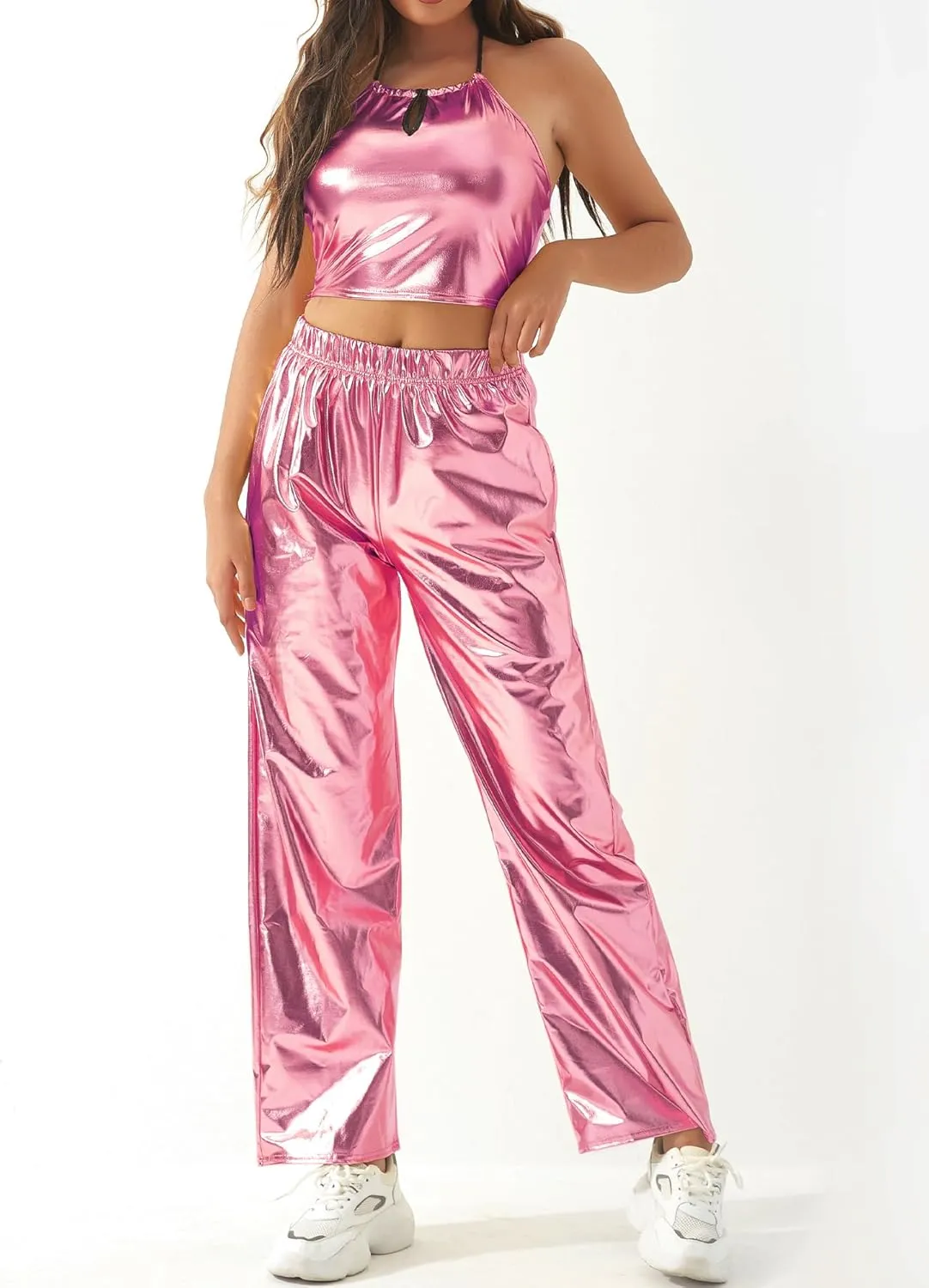 FEOYA Women's Shiny Metallic Rave Pants Elastic High Waist Wide Leg Trousers Hip Hop Disco Jogger Sweatpants Clubwear