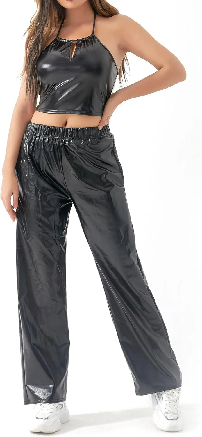 FEOYA Women's Shiny Metallic Rave Pants Elastic High Waist Wide Leg Trousers Hip Hop Disco Jogger Sweatpants Clubwear