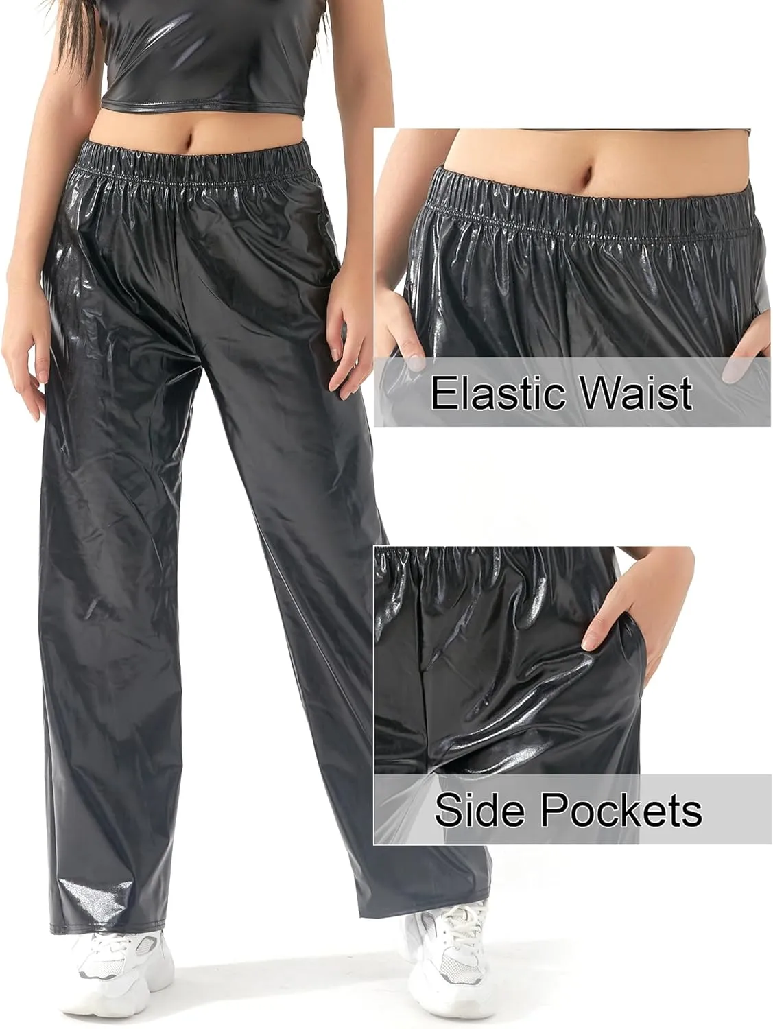 FEOYA Women's Shiny Metallic Rave Pants Elastic High Waist Wide Leg Trousers Hip Hop Disco Jogger Sweatpants Clubwear