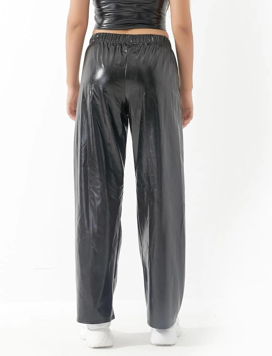 FEOYA Women's Shiny Metallic Rave Pants Elastic High Waist Wide Leg Trousers Hip Hop Disco Jogger Sweatpants Clubwear