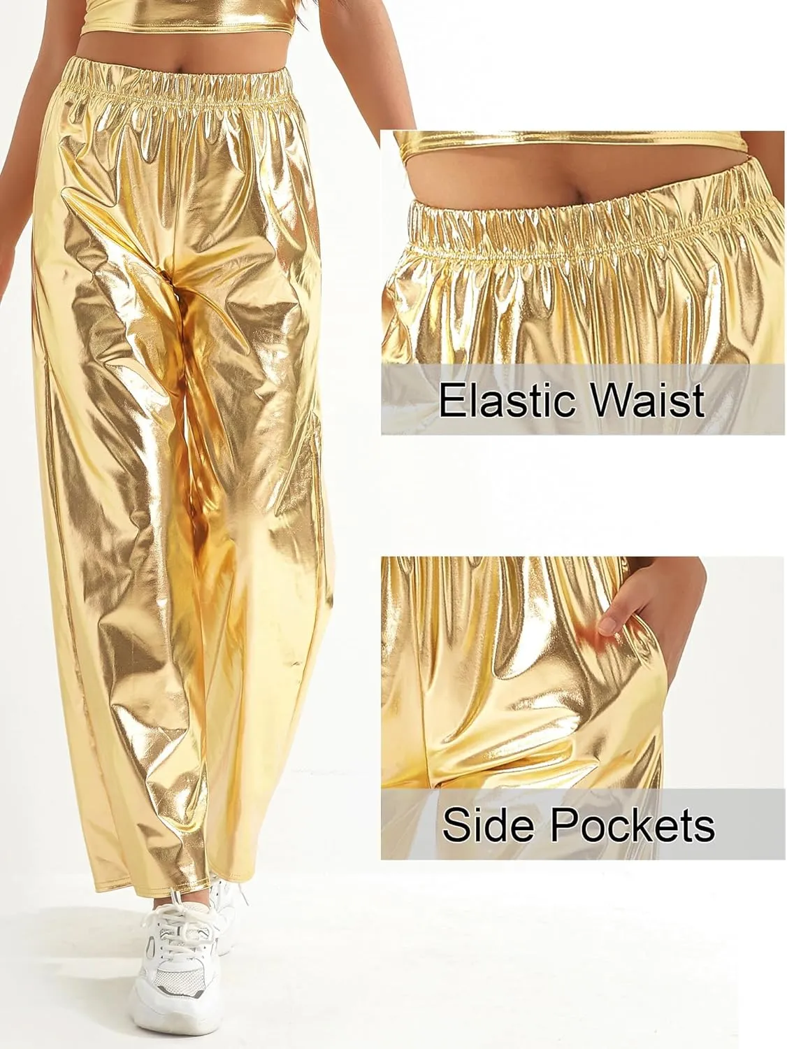 FEOYA Women's Shiny Metallic Rave Pants Elastic High Waist Wide Leg Trousers Hip Hop Disco Jogger Sweatpants Clubwear