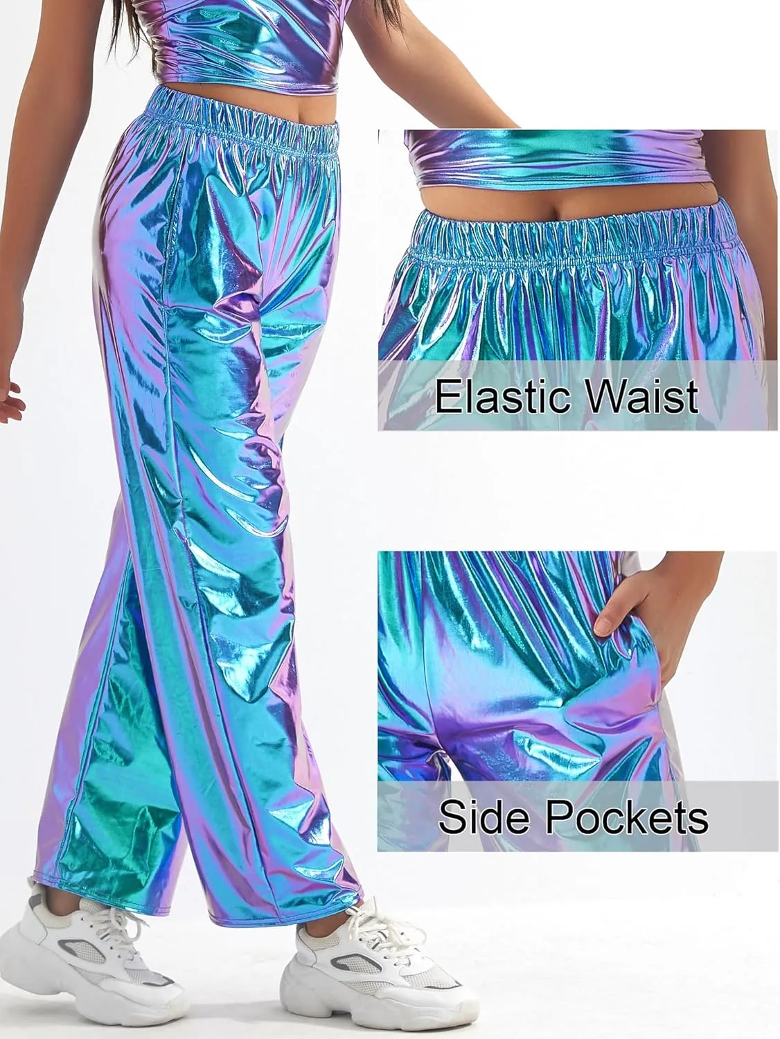 FEOYA Women's Shiny Metallic Rave Pants Elastic High Waist Wide Leg Trousers Hip Hop Disco Jogger Sweatpants Clubwear
