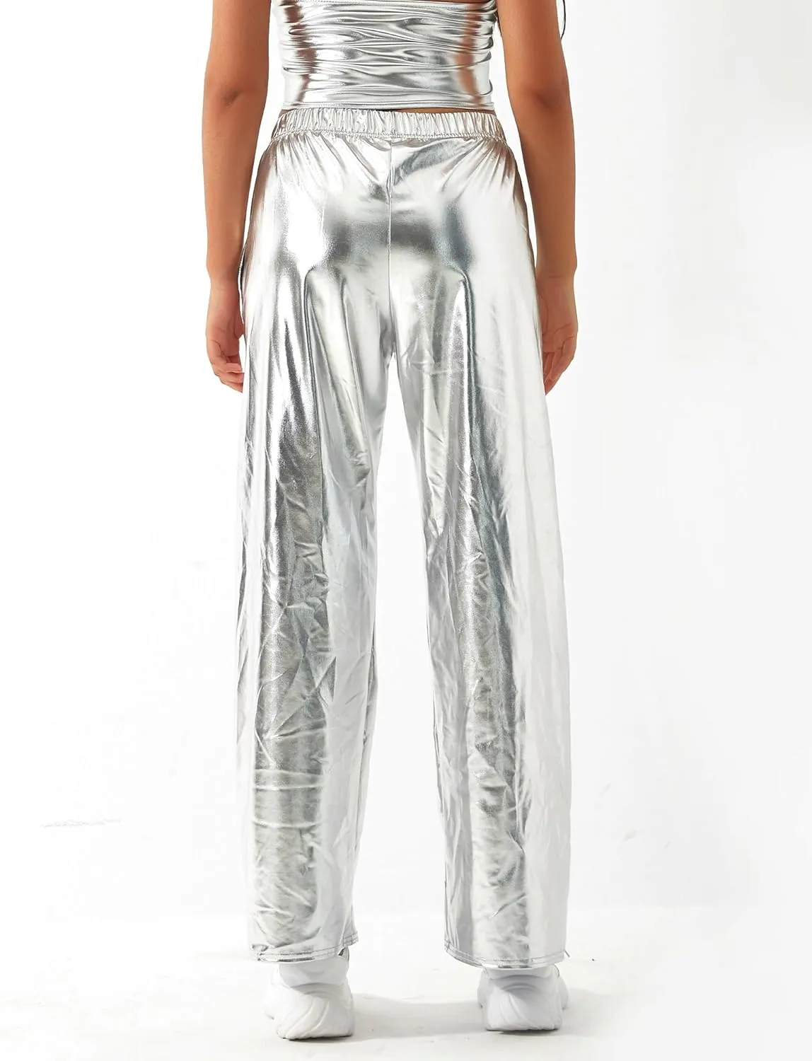 FEOYA Women's Shiny Metallic Rave Pants Elastic High Waist Wide Leg Trousers Hip Hop Disco Jogger Sweatpants Clubwear