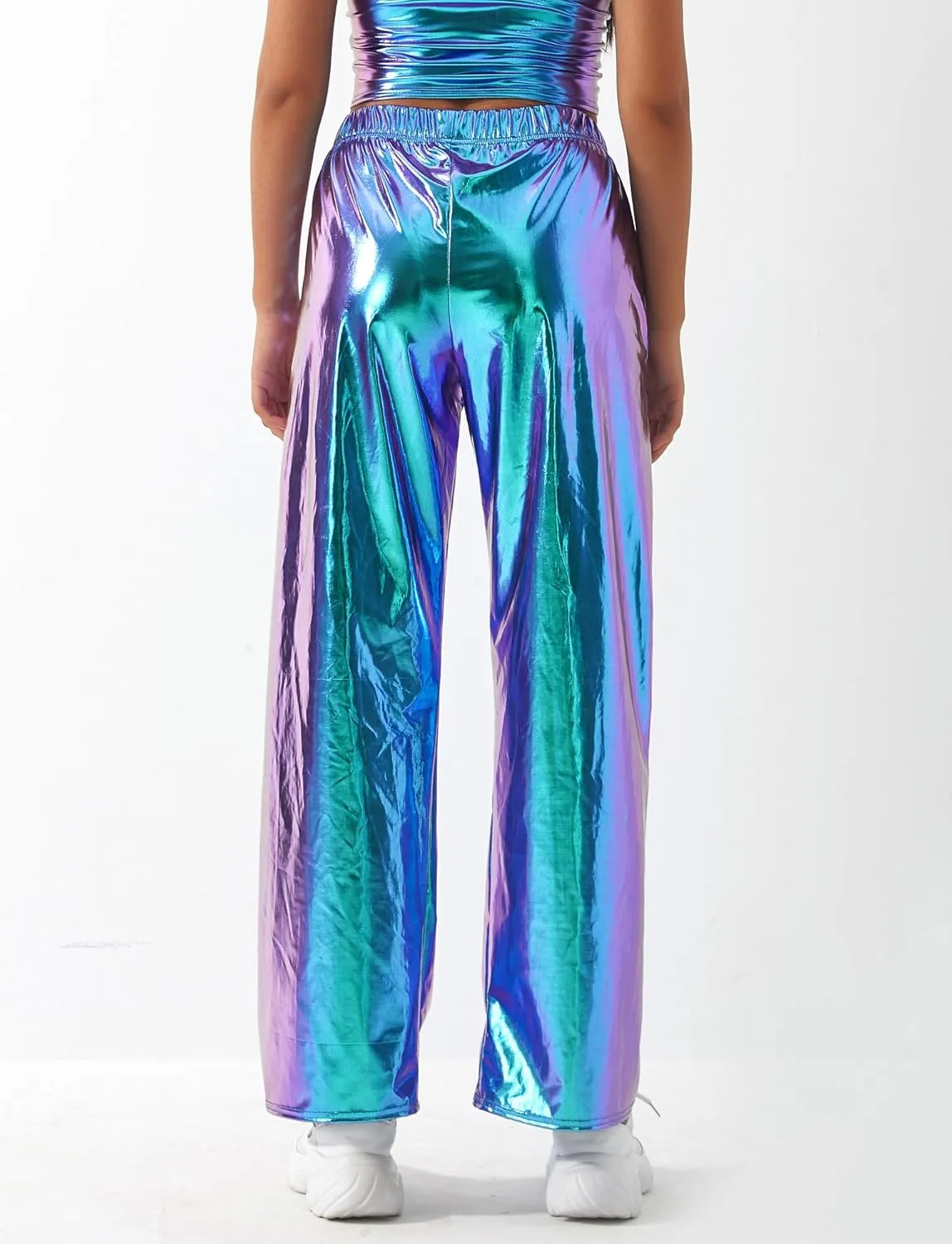 FEOYA Women's Shiny Metallic Rave Pants Elastic High Waist Wide Leg Trousers Hip Hop Disco Jogger Sweatpants Clubwear