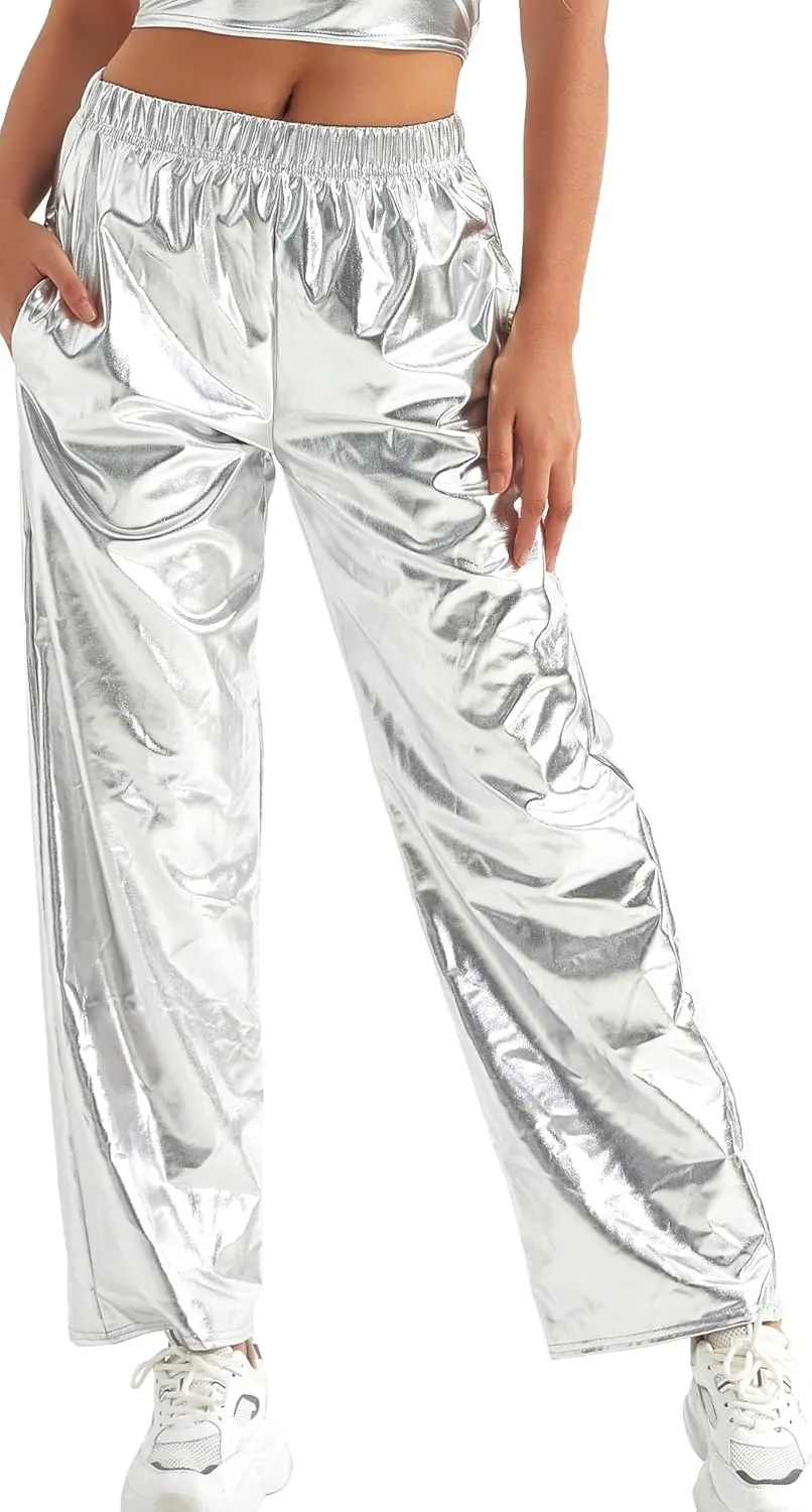 FEOYA Women's Shiny Metallic Rave Pants Elastic High Waist Wide Leg Trousers Hip Hop Disco Jogger Sweatpants Clubwear