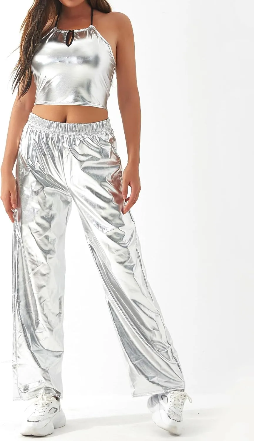 FEOYA Women's Shiny Metallic Rave Pants Elastic High Waist Wide Leg Trousers Hip Hop Disco Jogger Sweatpants Clubwear