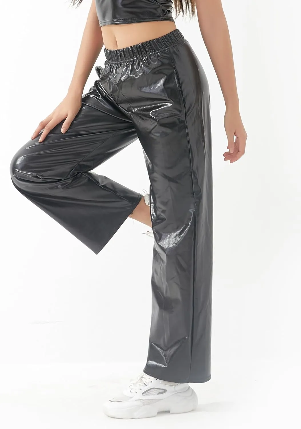 FEOYA Women's Shiny Metallic Rave Pants Elastic High Waist Wide Leg Trousers Hip Hop Disco Jogger Sweatpants Clubwear