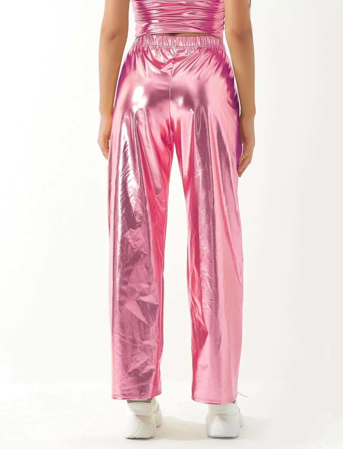 FEOYA Women's Shiny Metallic Rave Pants Elastic High Waist Wide Leg Trousers Hip Hop Disco Jogger Sweatpants Clubwear