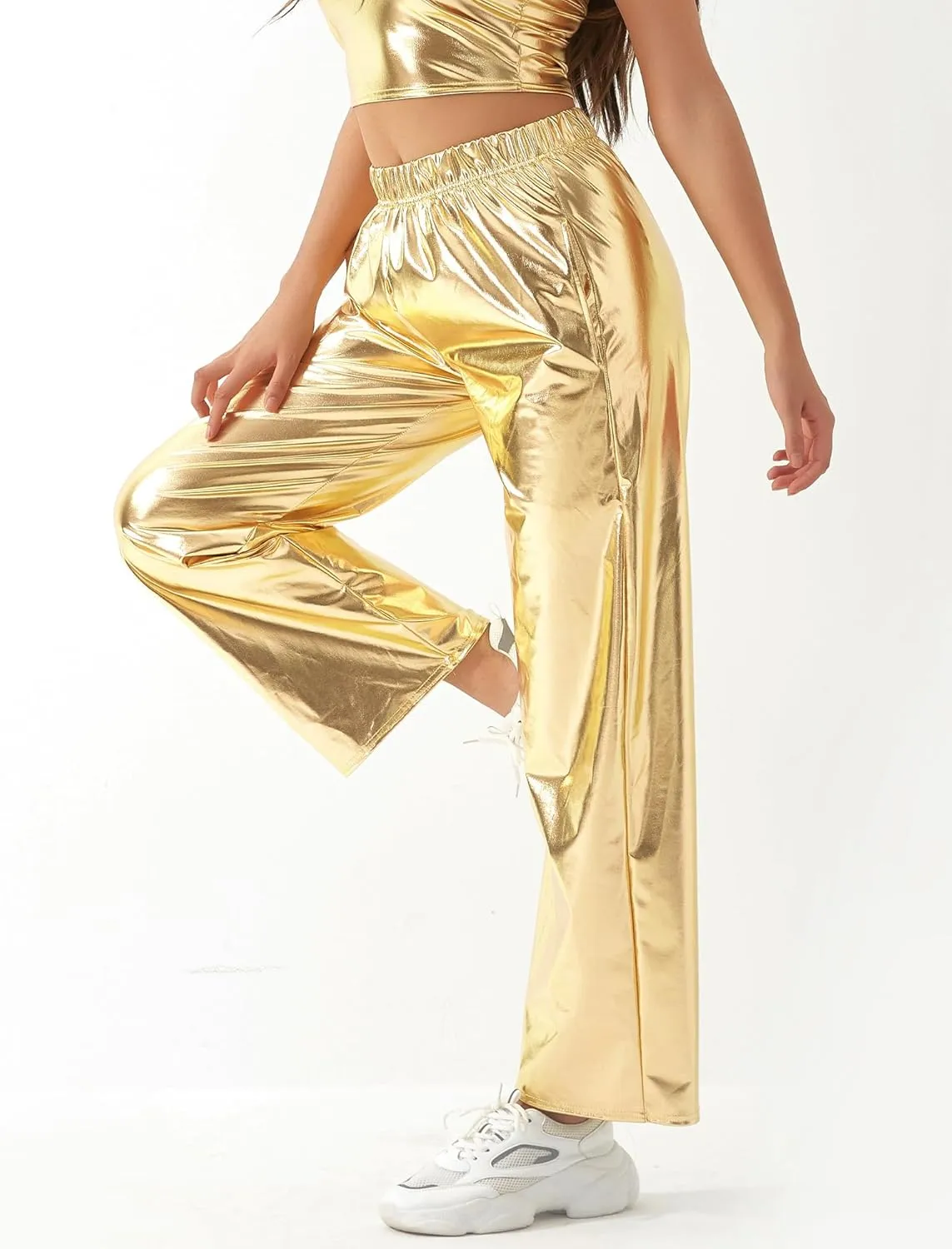 FEOYA Women's Shiny Metallic Rave Pants Elastic High Waist Wide Leg Trousers Hip Hop Disco Jogger Sweatpants Clubwear