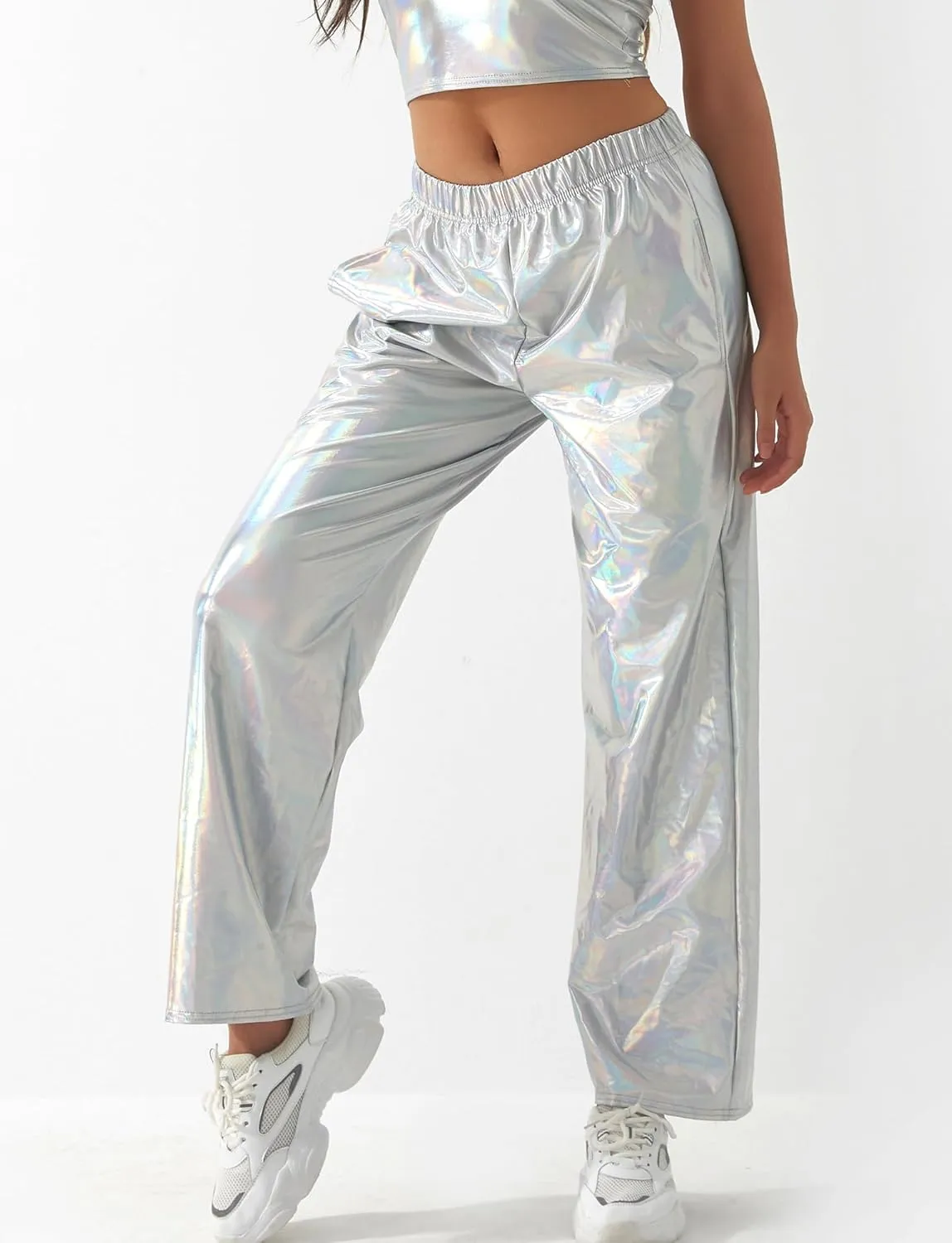 FEOYA Women's Shiny Metallic Rave Pants Elastic High Waist Wide Leg Trousers Hip Hop Disco Jogger Sweatpants Clubwear