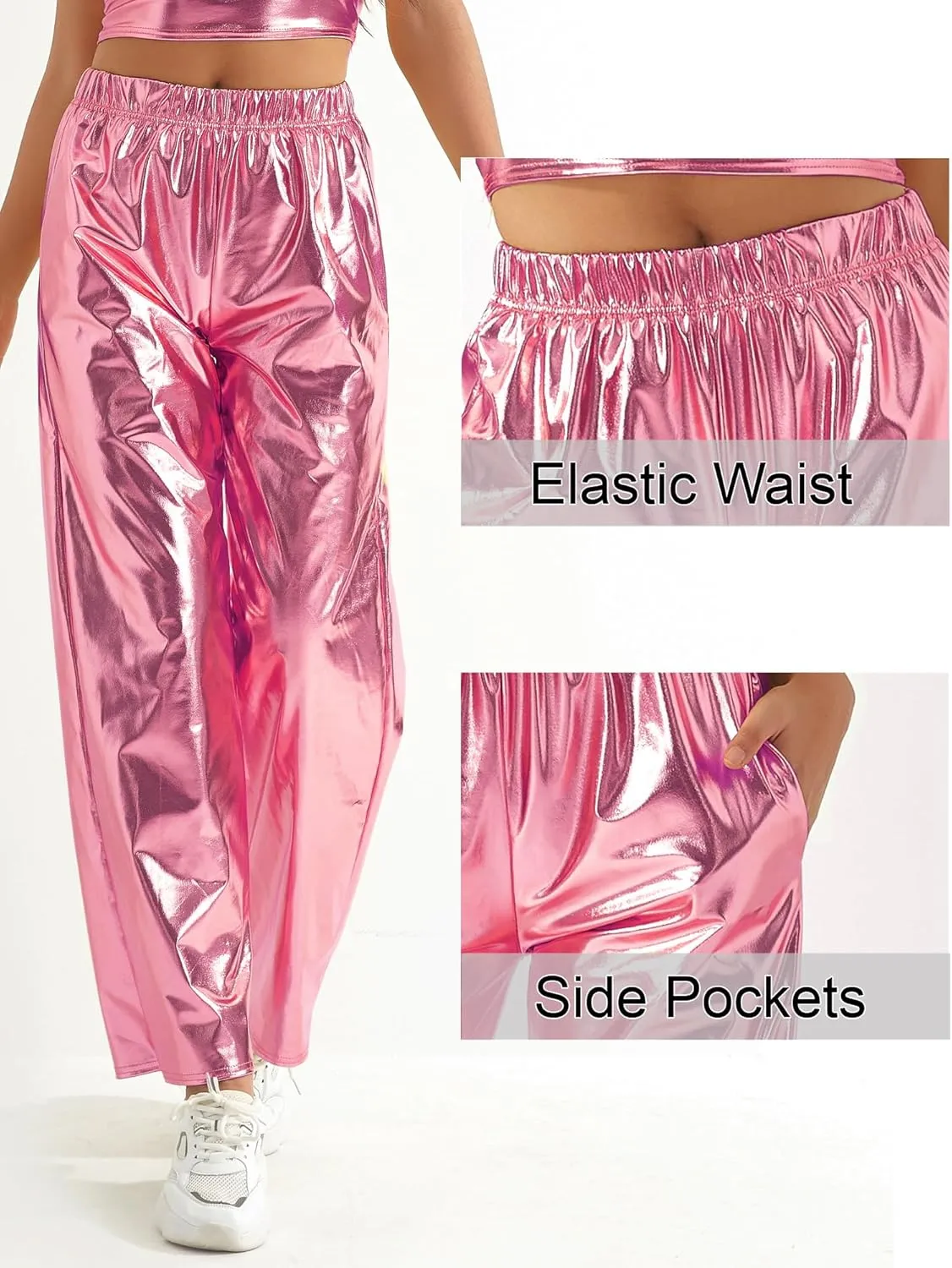 FEOYA Women's Shiny Metallic Rave Pants Elastic High Waist Wide Leg Trousers Hip Hop Disco Jogger Sweatpants Clubwear
