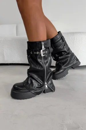 FIERCE Flared Calf Chunky Zip Boots - Black PU