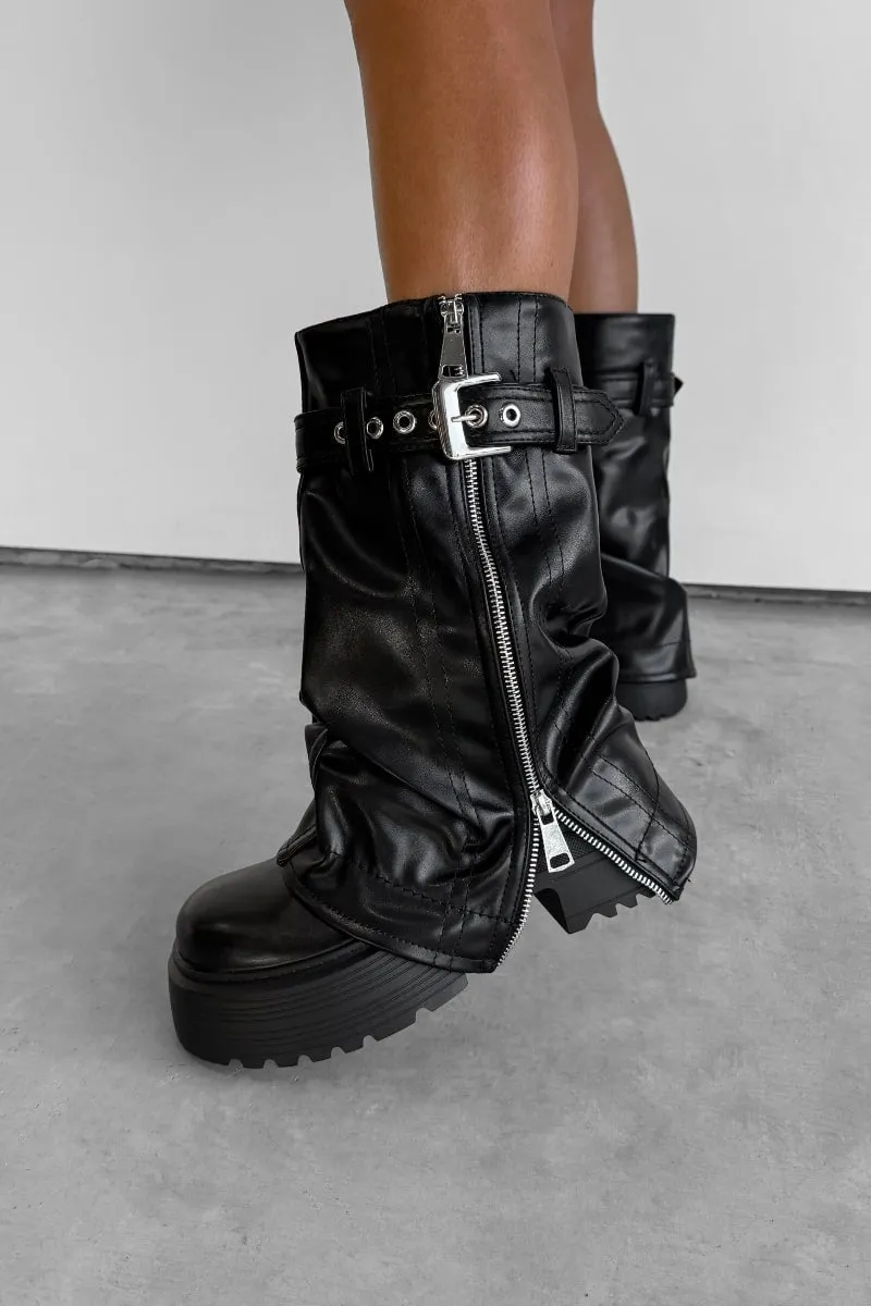 FIERCE Flared Calf Chunky Zip Boots - Black PU