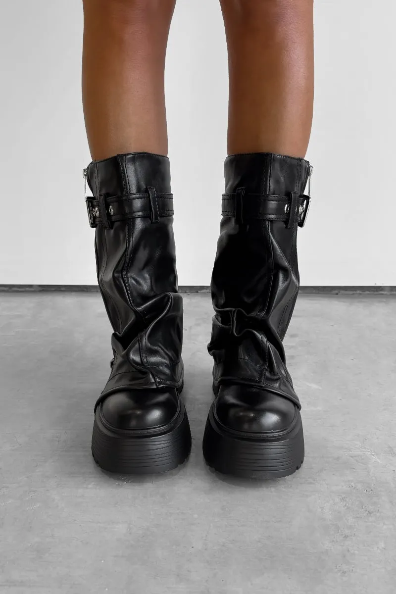 FIERCE Flared Calf Chunky Zip Boots - Black PU