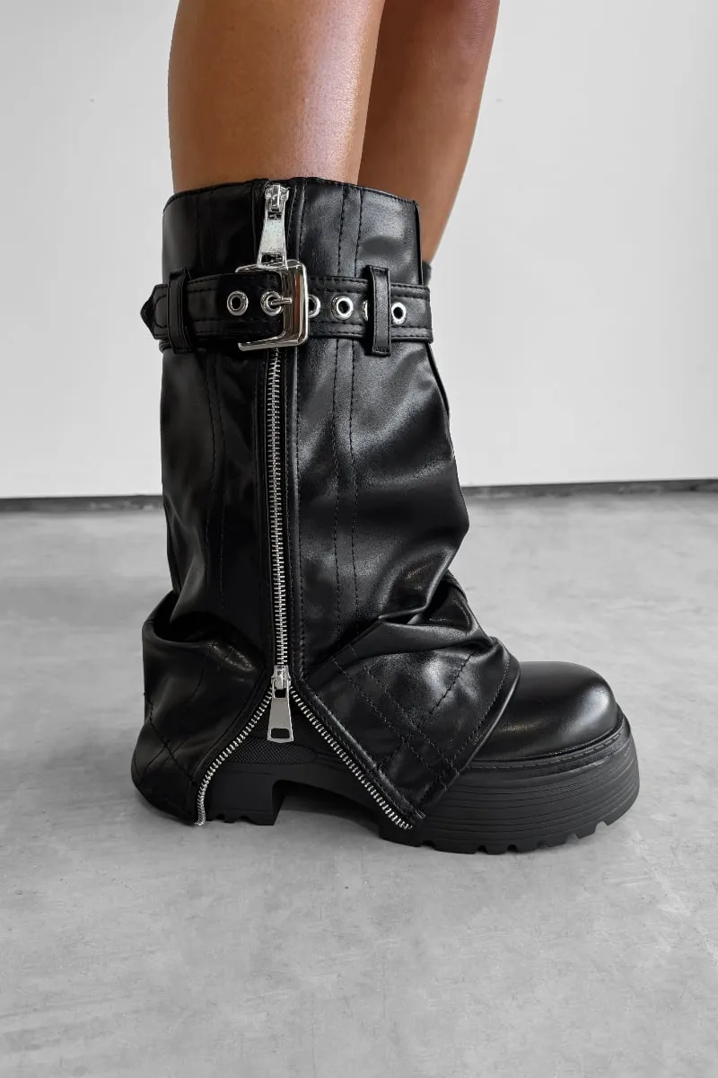 FIERCE Flared Calf Chunky Zip Boots - Black PU