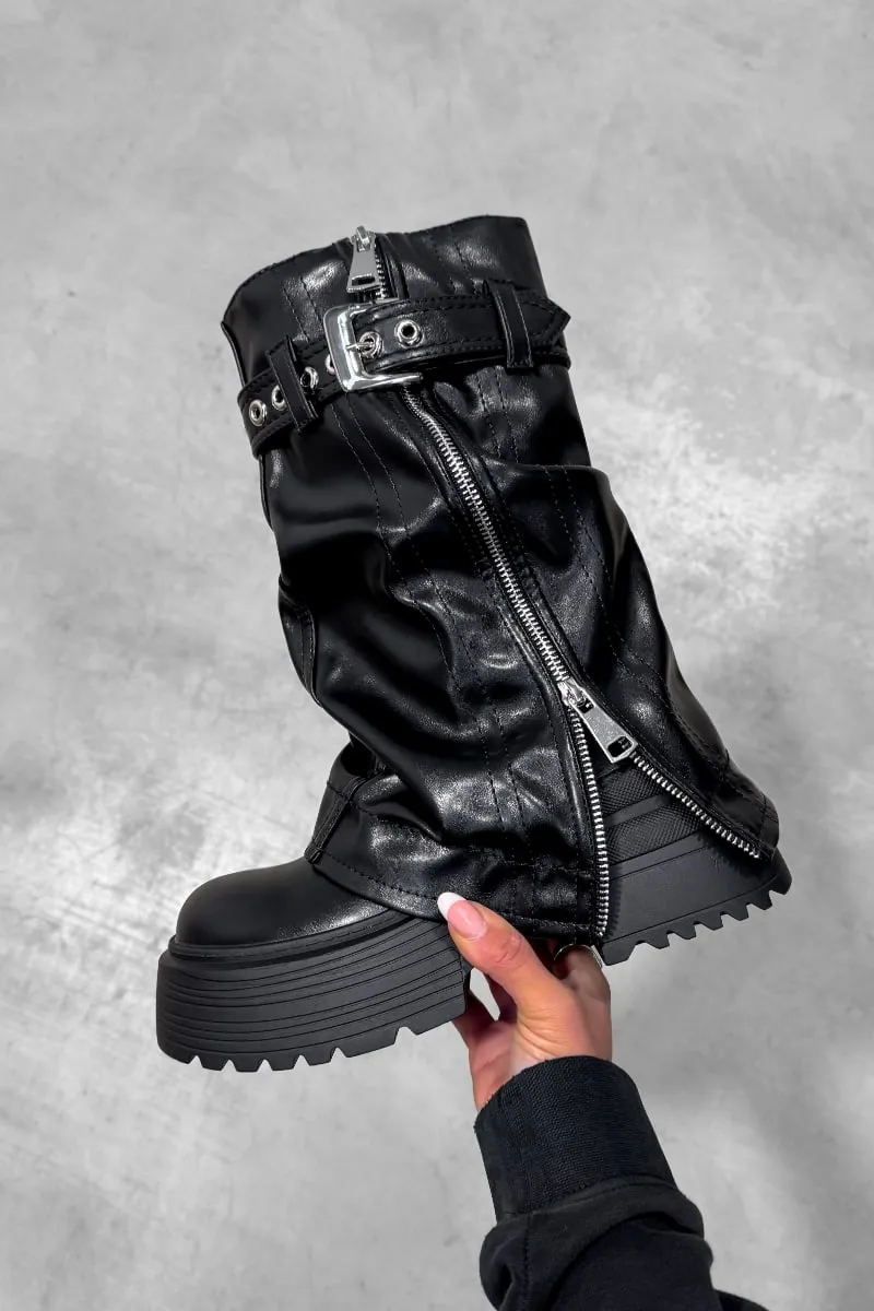 FIERCE Flared Calf Chunky Zip Boots - Black PU