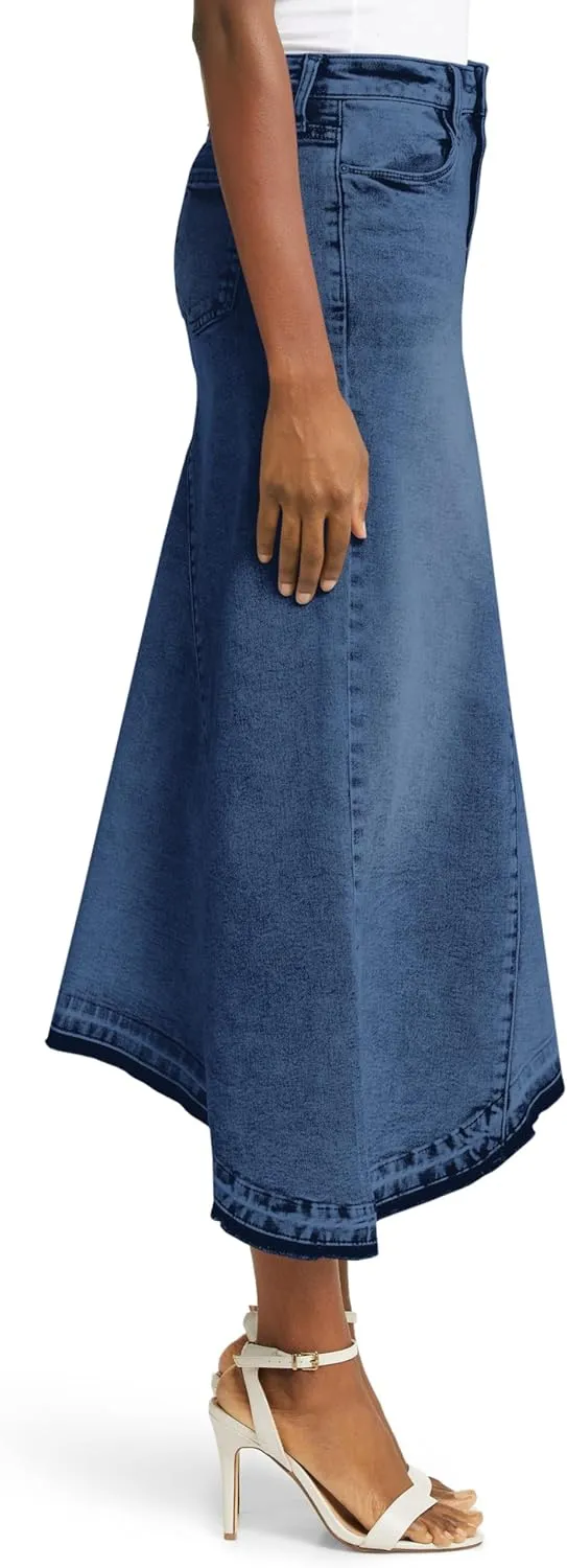 Fisoew Womens Denim Maxi Skirt Casual High Waist A-Line Frayed Irregular Hem Long Jean Skirt