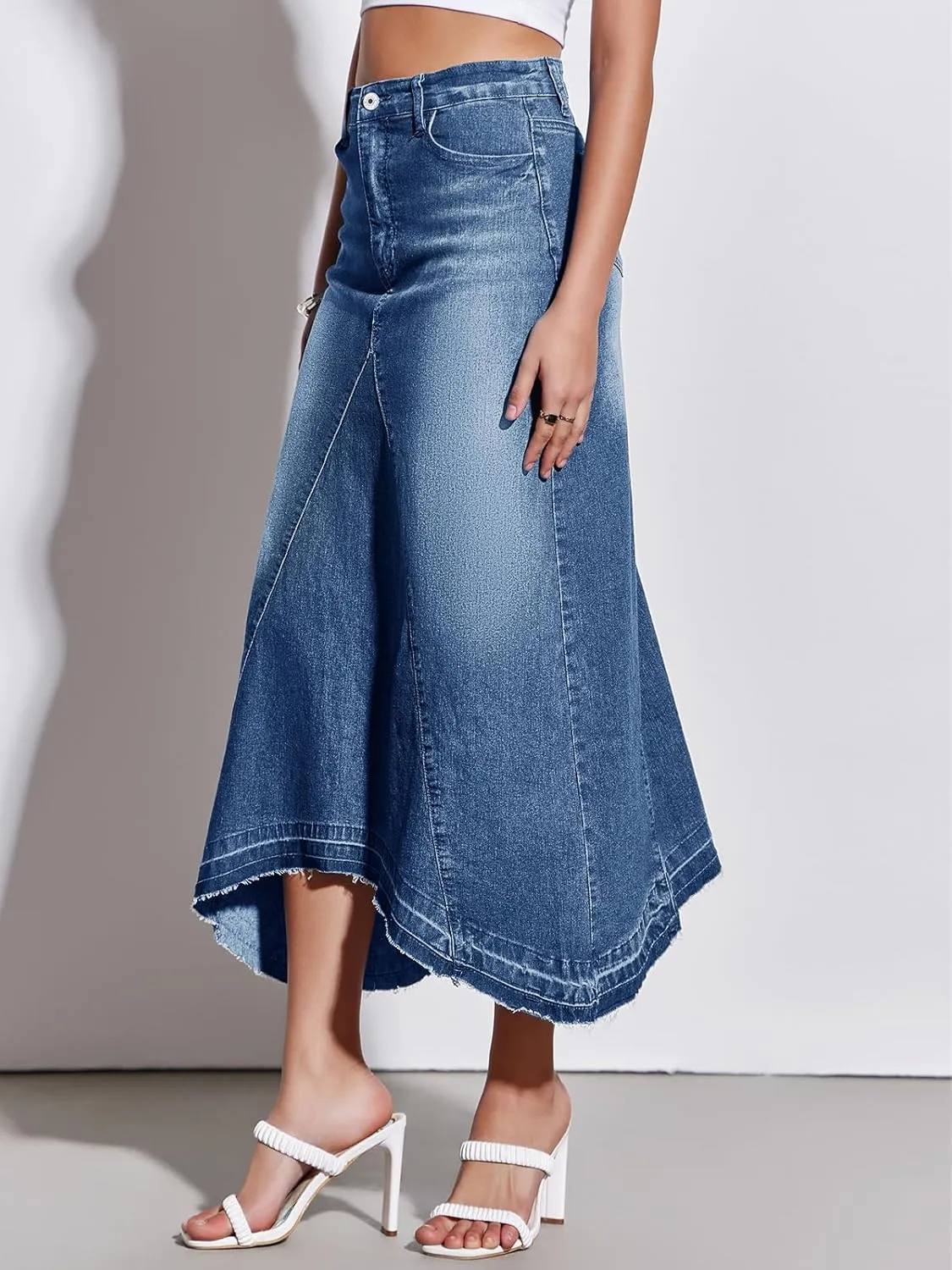 Fisoew Womens Denim Maxi Skirt Casual High Waist A-Line Frayed Irregular Hem Long Jean Skirt