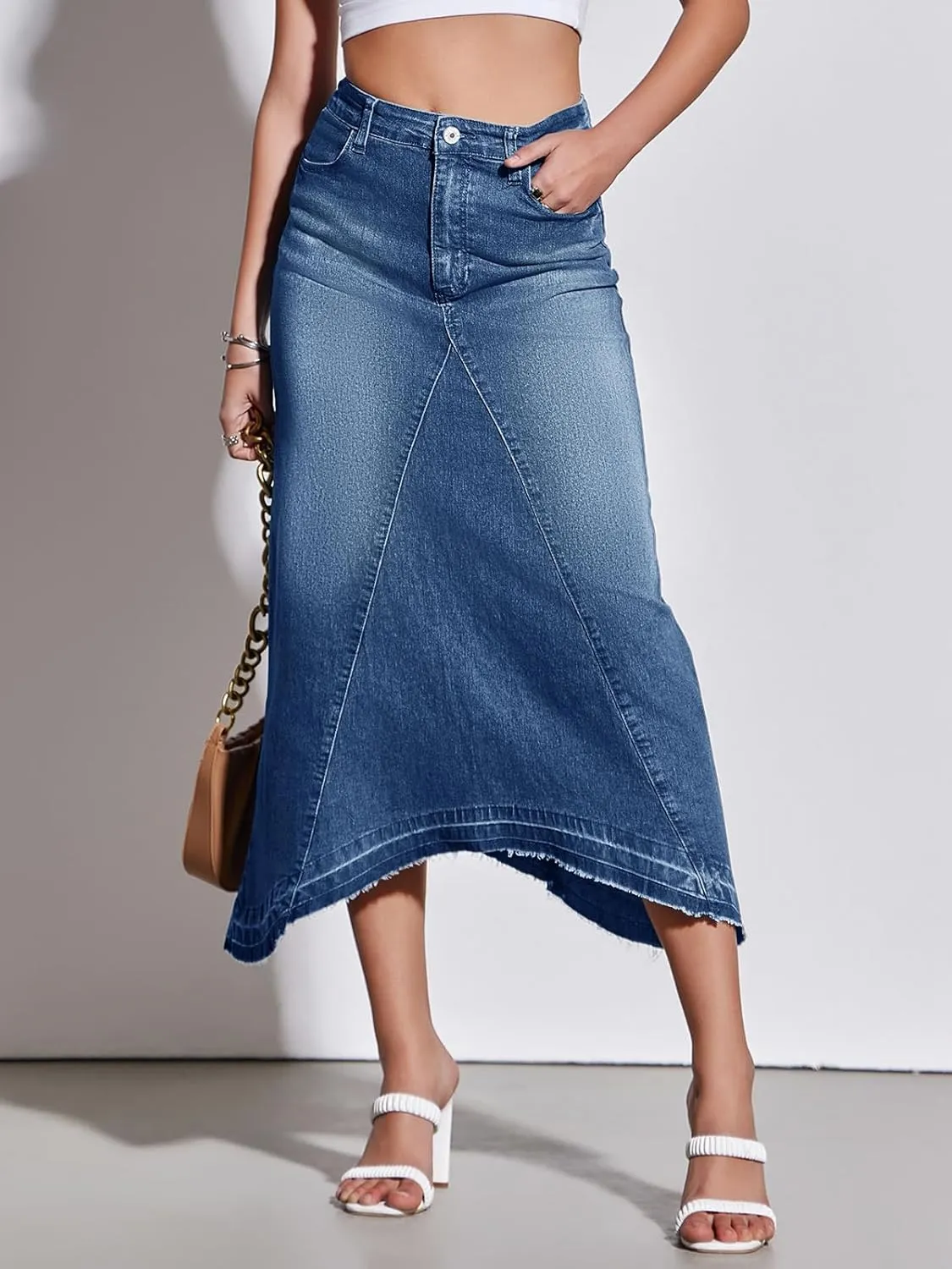 Fisoew Womens Denim Maxi Skirt Casual High Waist A-Line Frayed Irregular Hem Long Jean Skirt