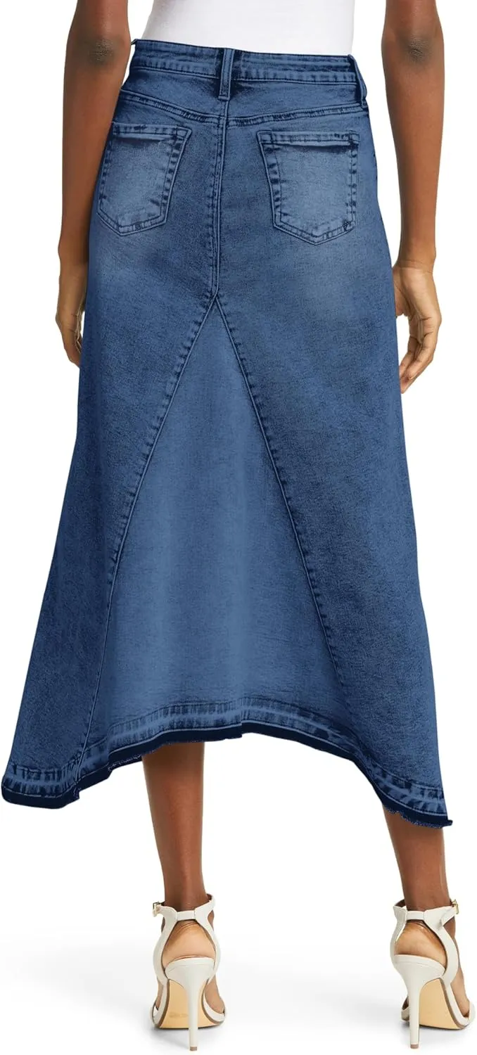 Fisoew Womens Denim Maxi Skirt Casual High Waist A-Line Frayed Irregular Hem Long Jean Skirt