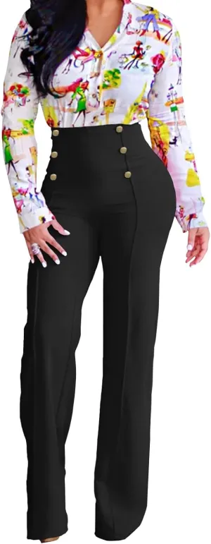 Flare Dress Pants for Women, High Waisted Double Breasted Bell Flare Trousers for Casual Lounge Work Wear