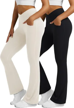 Flare Leggings for Women with Pockets 2pack High Waisted Crossover Flare Leggings Bootcut Yoga Pants