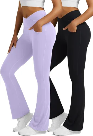 Flare Leggings for Women with Pockets 2pack High Waisted Crossover Flare Leggings Bootcut Yoga Pants