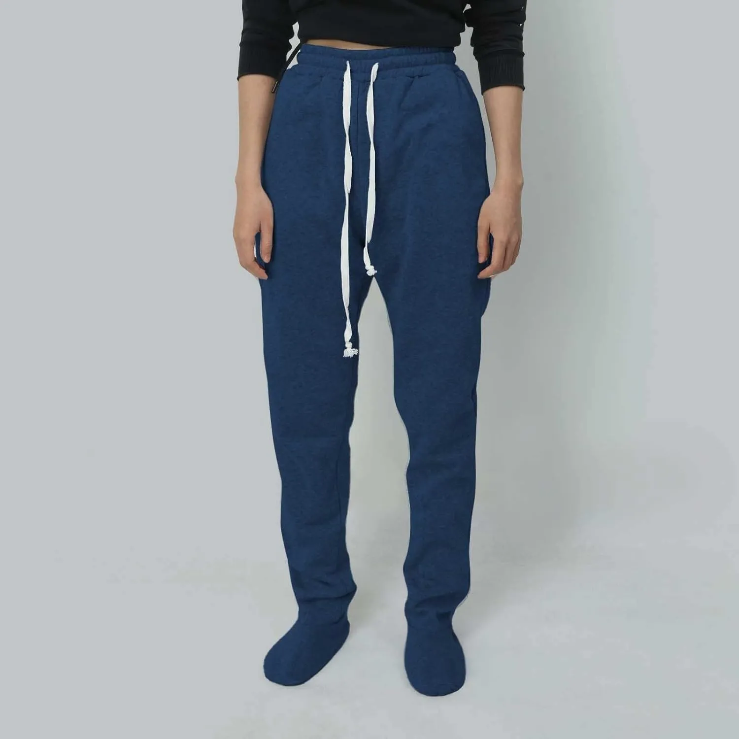 Fleece Footed Pajamas Pants for Women Soft Drawstring Jogger Sweatpants with Feet Winter Warm Comfy Lounge Pants