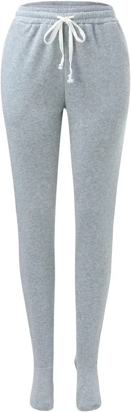 Fleece Footed Pajamas Pants for Women Soft Drawstring Jogger Sweatpants with Feet Winter Warm Comfy Lounge Pants
