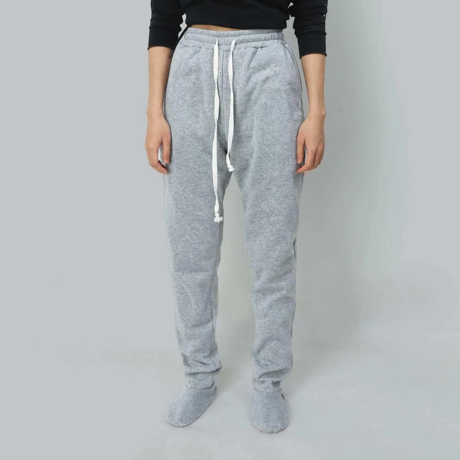 Fleece Footed Pajamas Pants for Women Soft Drawstring Jogger Sweatpants with Feet Winter Warm Comfy Lounge Pants