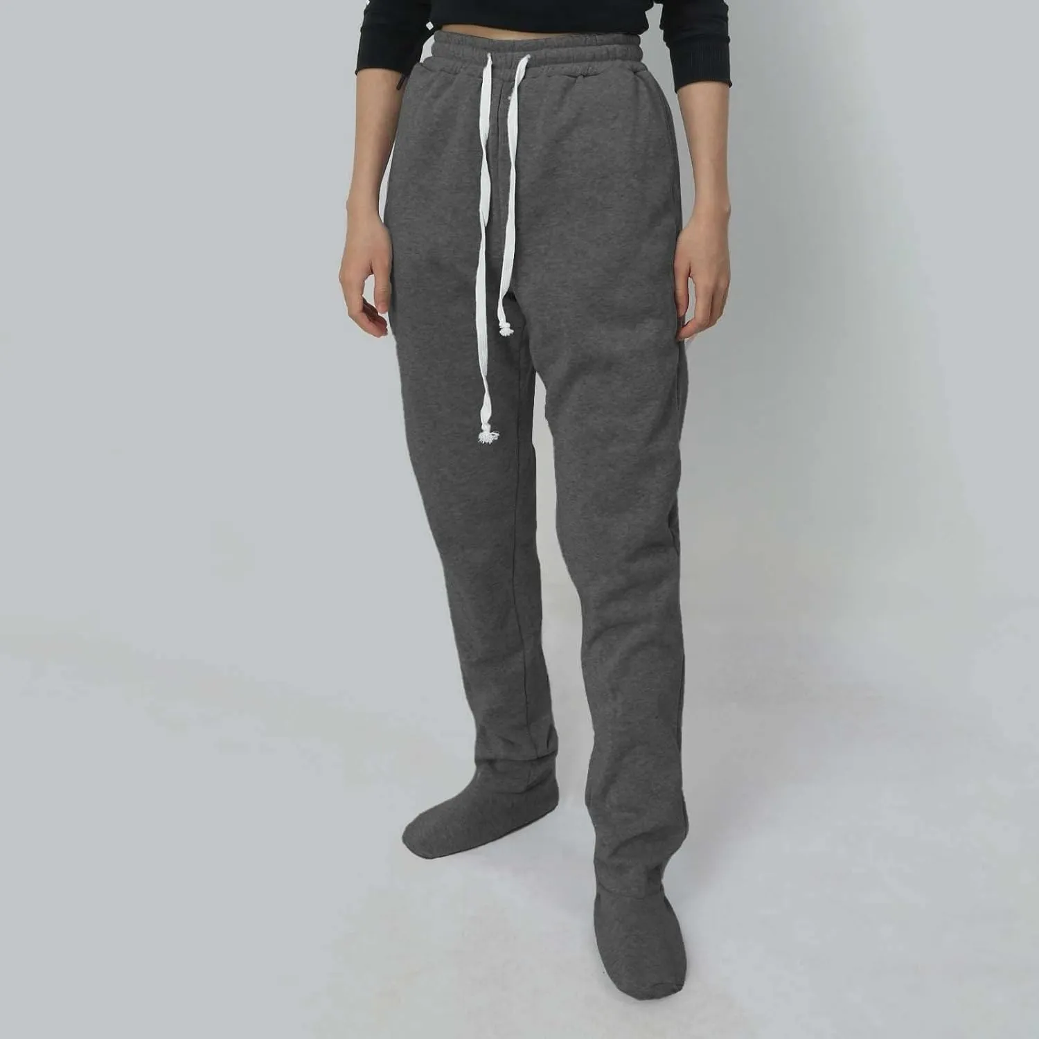 Fleece Footed Pajamas Pants for Women Soft Drawstring Jogger Sweatpants with Feet Winter Warm Comfy Lounge Pants