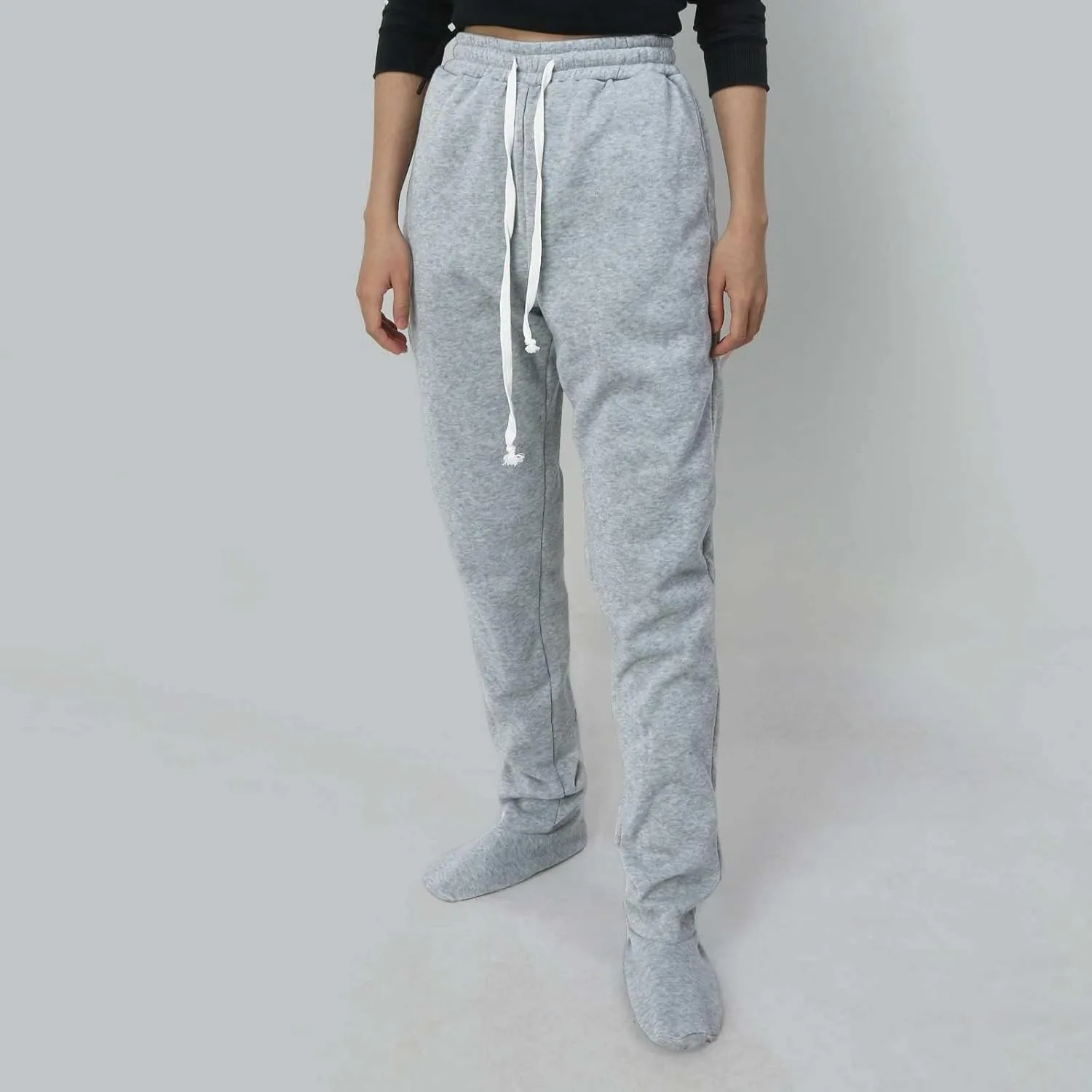 Fleece Footed Pajamas Pants for Women Soft Drawstring Jogger Sweatpants with Feet Winter Warm Comfy Lounge Pants