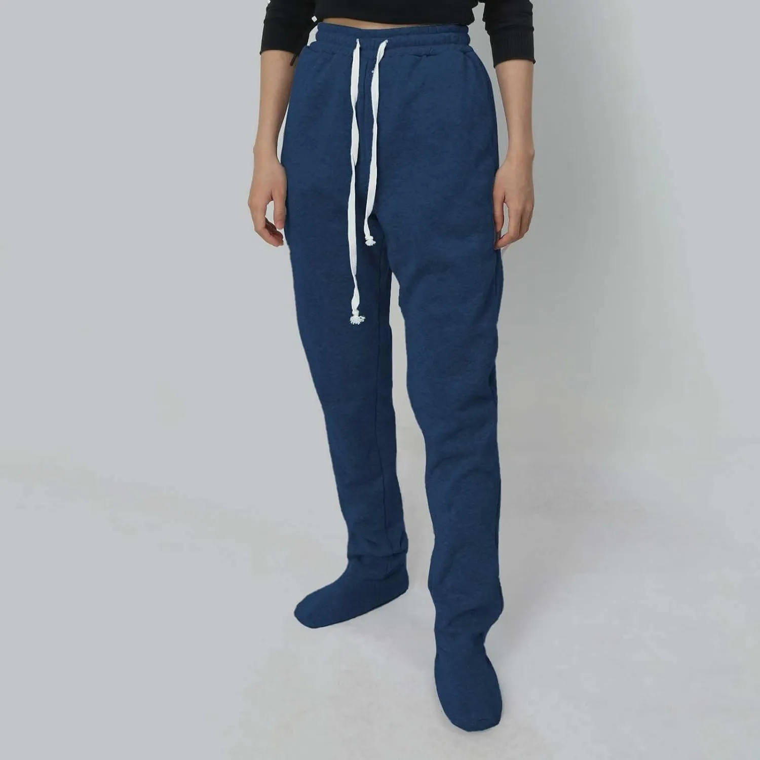 Fleece Footed Pajamas Pants for Women Soft Drawstring Jogger Sweatpants with Feet Winter Warm Comfy Lounge Pants