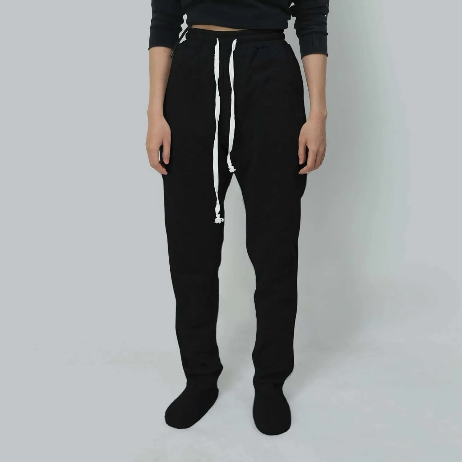 Fleece Footed Pajamas Pants for Women Soft Drawstring Jogger Sweatpants with Feet Winter Warm Comfy Lounge Pants