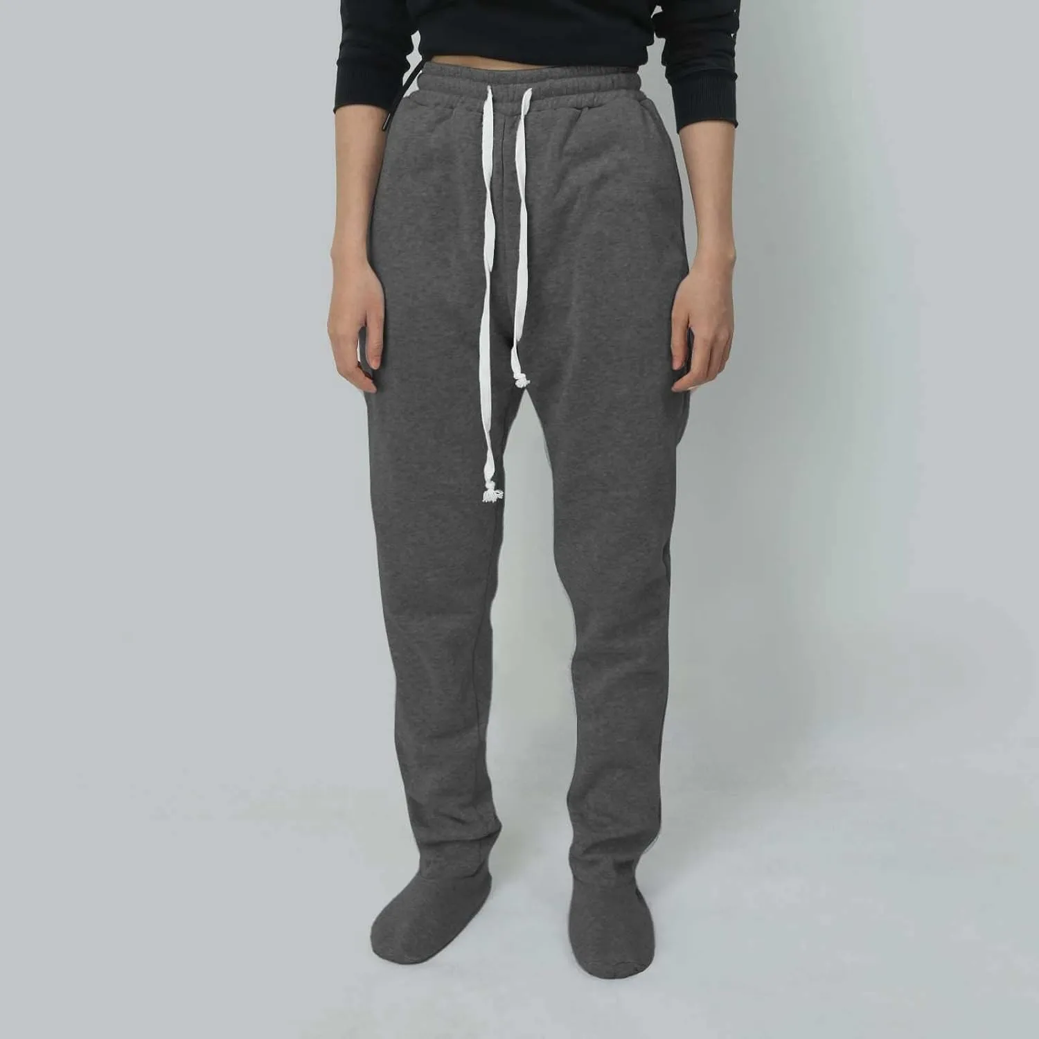 Fleece Footed Pajamas Pants for Women Soft Drawstring Jogger Sweatpants with Feet Winter Warm Comfy Lounge Pants