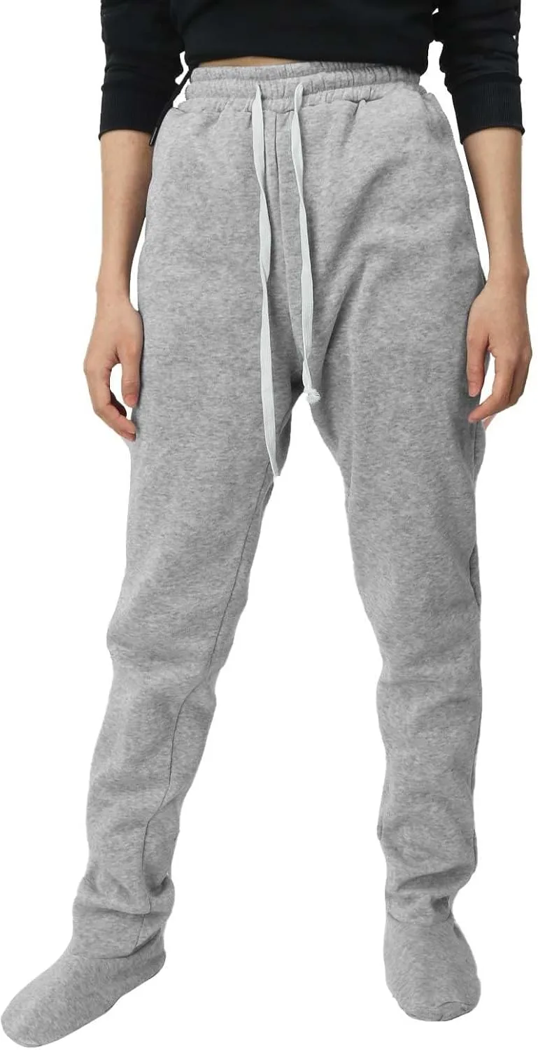 Fleece Footed Pajamas Pants for Women Soft Drawstring Jogger Sweatpants with Feet Winter Warm Comfy Lounge Pants