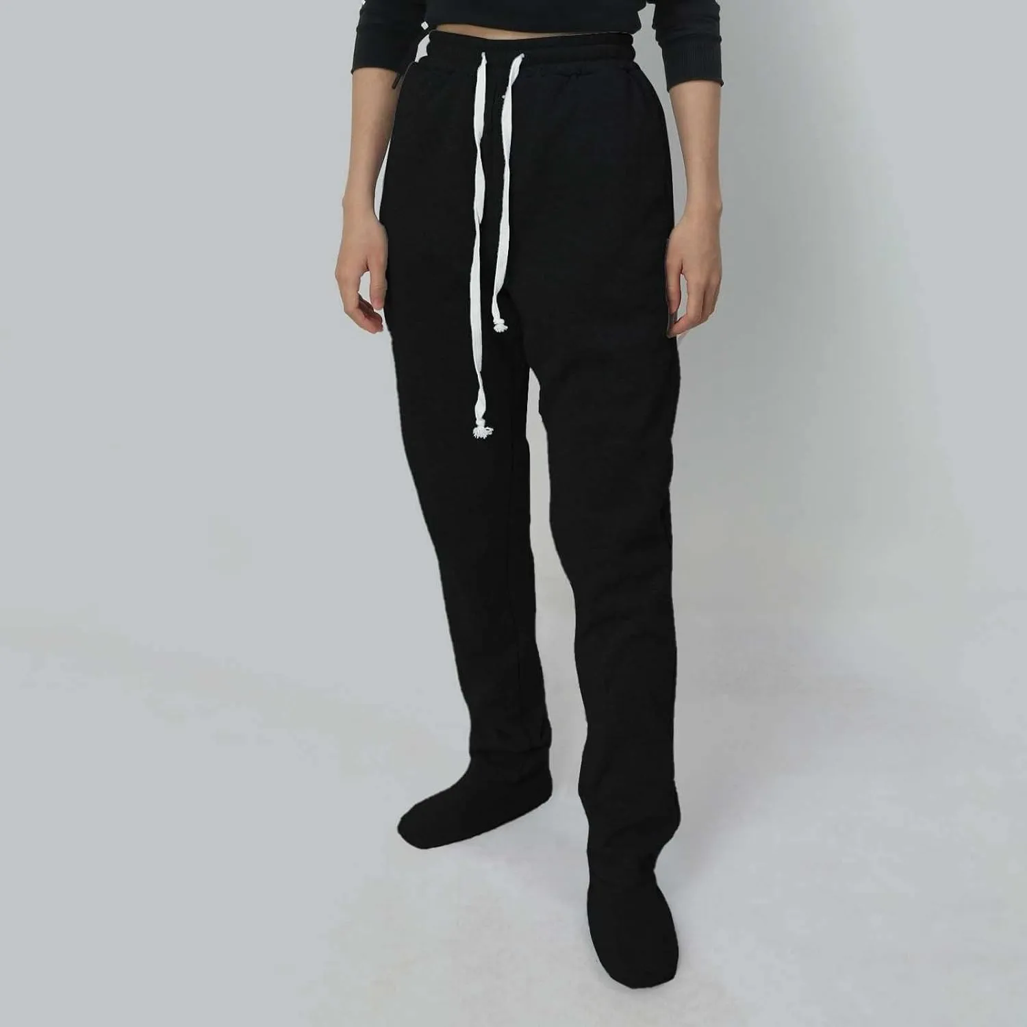 Fleece Footed Pajamas Pants for Women Soft Drawstring Jogger Sweatpants with Feet Winter Warm Comfy Lounge Pants