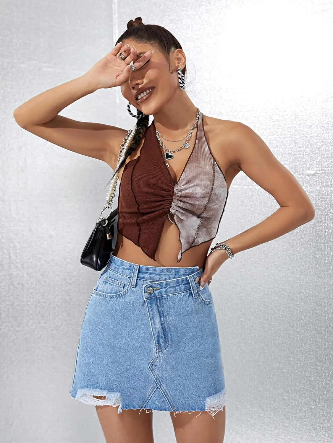 Floerns Women's High Waist Wrap Button Front Asymmetrical Fringed Denim Skirt