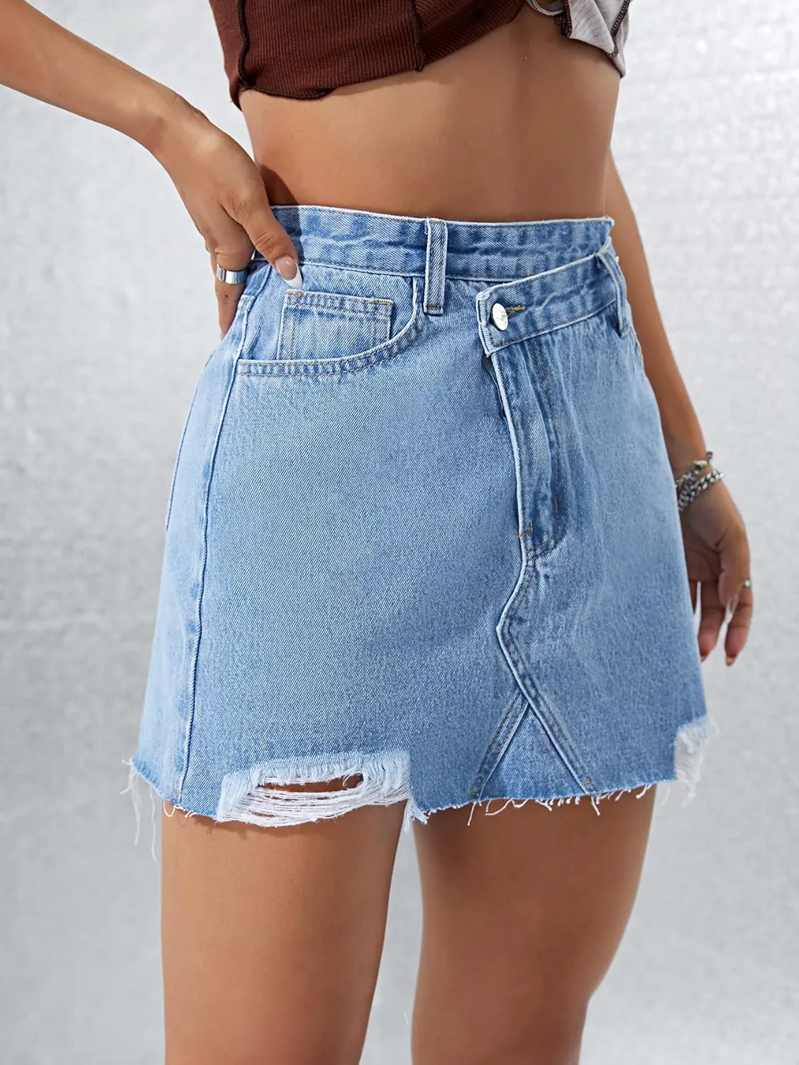 Floerns Women's High Waist Wrap Button Front Asymmetrical Fringed Denim Skirt
