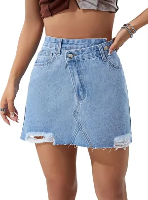Floerns Women's High Waist Wrap Button Front Asymmetrical Fringed Denim Skirt