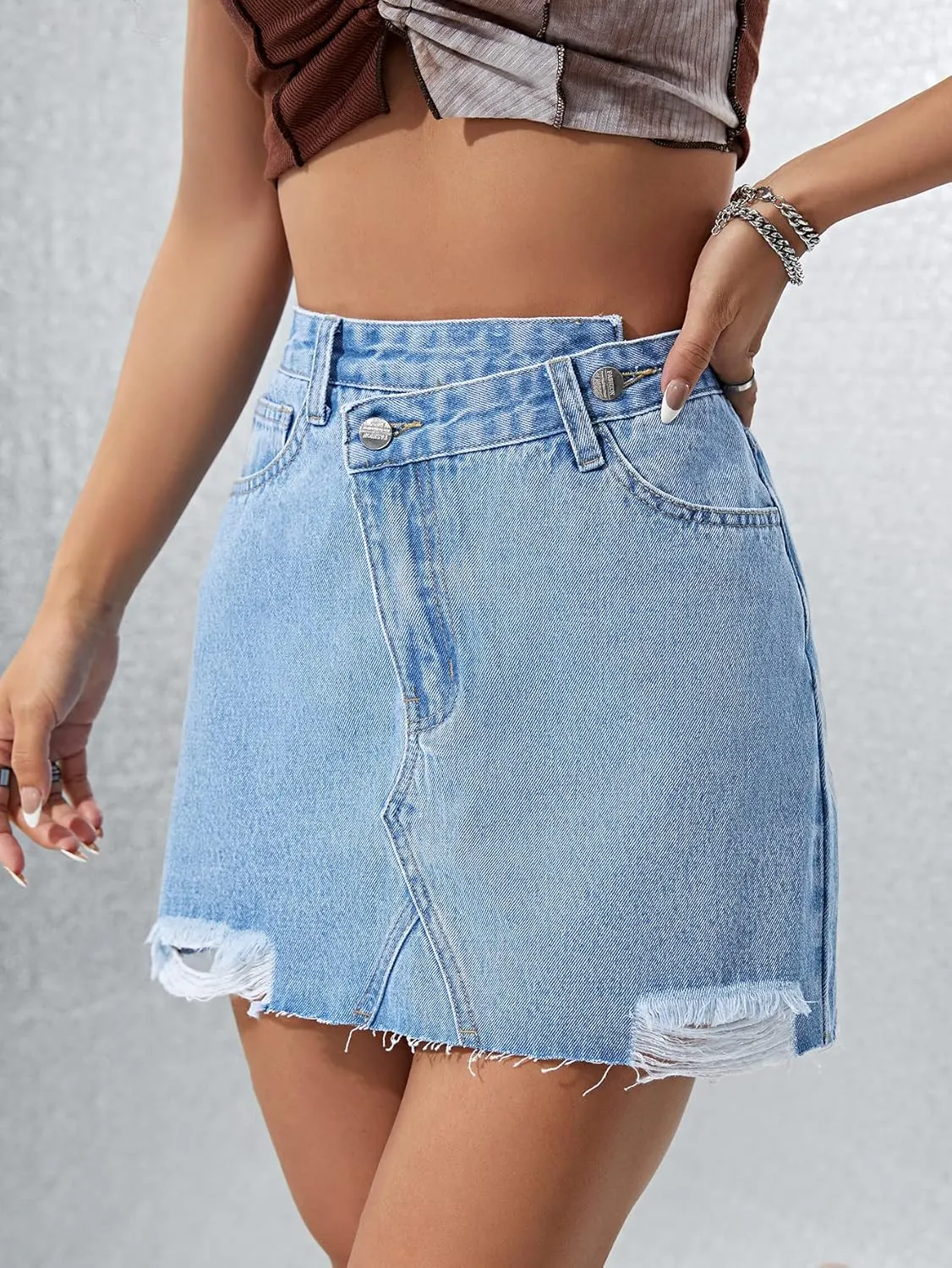 Floerns Women's High Waist Wrap Button Front Asymmetrical Fringed Denim Skirt