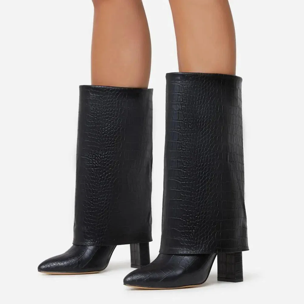 Folded stone print chunky / thick heeled boots